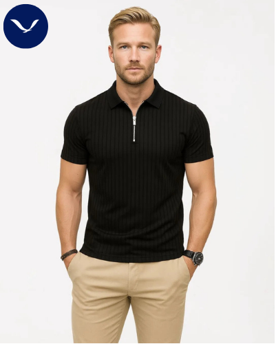 Polo côtelé à manches courtes et demi-zip